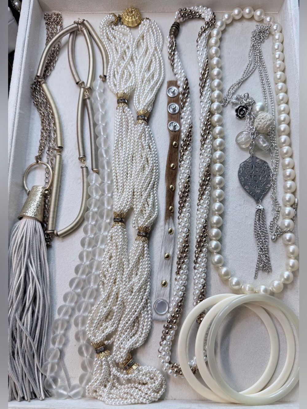 Vintage White & Gold/Silver Jewelry Bundle: 9 Pieces (6 Necklaces & 3 Bracelets)